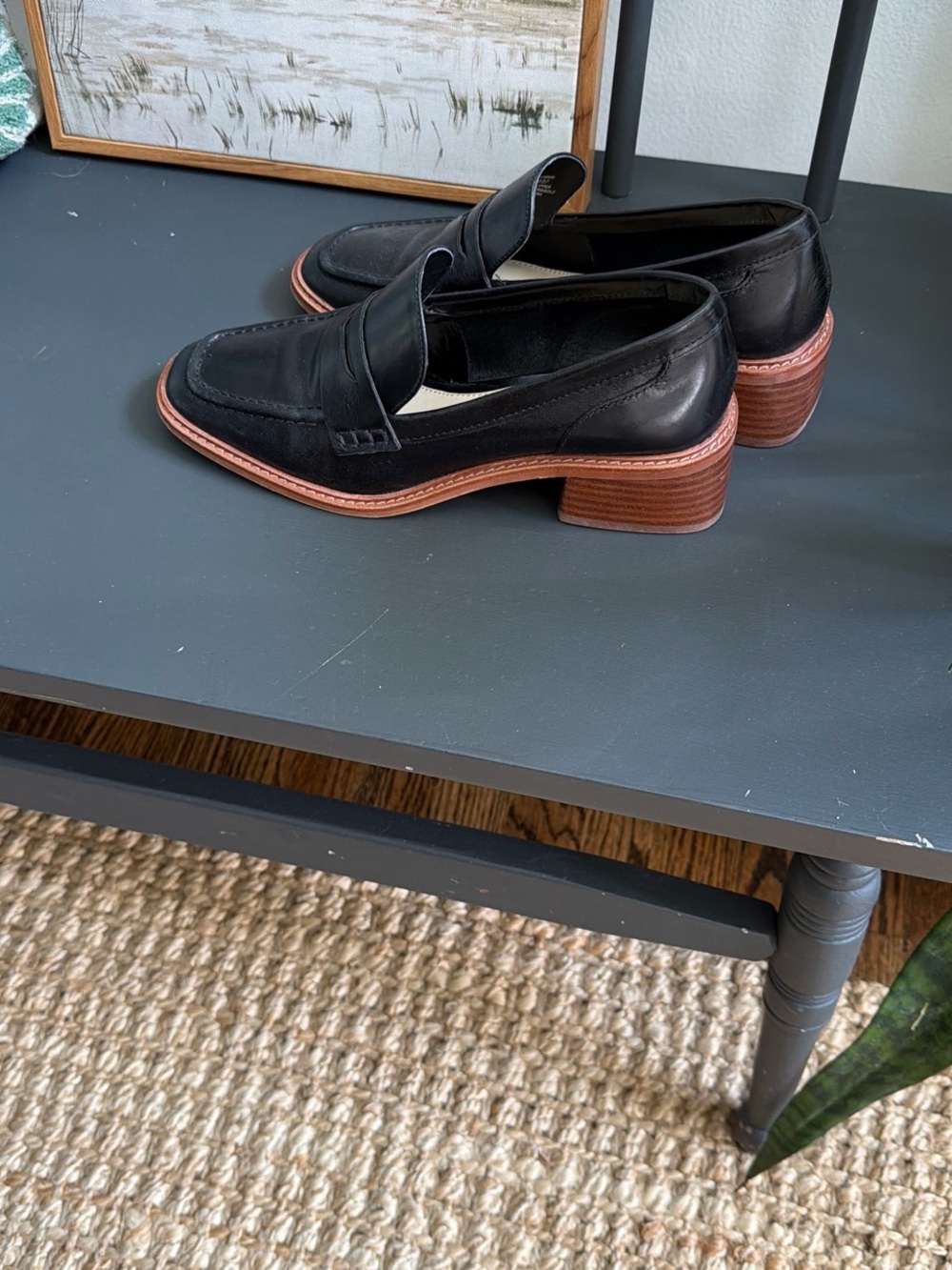Vince Camuto Black Leather Penny Loafers with Brown Stacked Heel